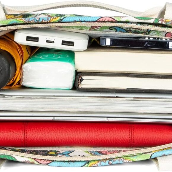 Women Canvas Tote Bag, Zipper Casual Tote's Handbag Large Capacity Shoulder Bag - Picture 3 of 7